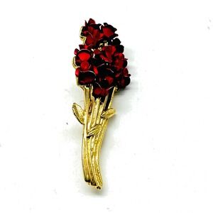 Signed DM97 Red Rhinestone Flower Brooch Pin Gold Tone Floral Bouquet Vintage